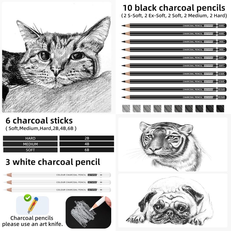 GETHPEN 27 Piece Charcoal Drawing Set - Professional Black & White Charcoal Pencils for Sketching, Shading & Blending, Graphite Sticks with Artist Art Supplies Kit (Beginners & Professionals) - Image 3